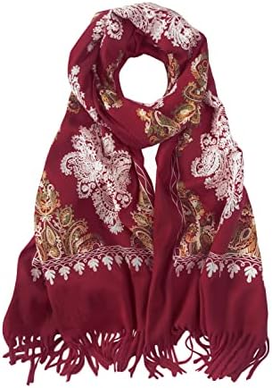 Embroidered Tassel Long Shawl Oversize Scarf Wraps for Women, Print #2 Wine