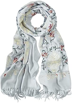 Embroidered Tassel Long Shawl Oversize Scarf Wraps for Women, Print #3 Light Gray