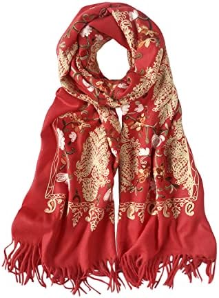 Embroidered Tassel Long Shawl Oversize Scarf Wraps for Women, Print #3 Red