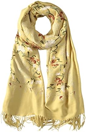 Embroidered Tassel Long Shawl Oversize Scarf Wraps for Women, Print #3 Yellow