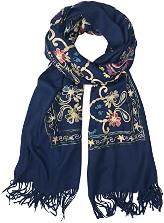 Embroidered Tassel Long Shawl Oversize Scarf Wraps for Women, Print #4 Navy Blue