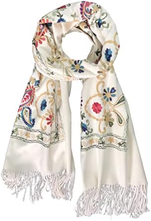 Embroidered Tassel Long Shawl Oversize Scarf Wraps for Women, Print #4 White