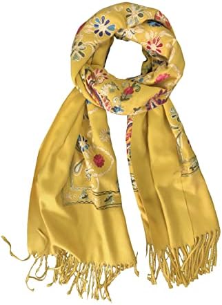 Embroidered Tassel Long Shawl Oversize Scarf Wraps for Women, Print #4 Yellow