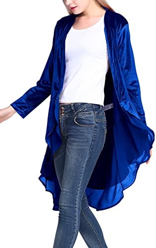 Fashion Open Front Velvet Cardigan Coat with Asymmetric Chiffon Hem, Royal Blue