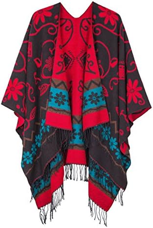 Fashionable Retro Style Vintage Pattern Tassel Poncho Shawl Cape, Series 1 Black