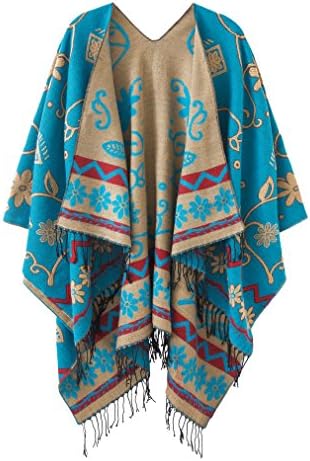 Fashionable Retro Style Vintage Pattern Tassel Poncho Shawl Cape, Series 1 Blue
