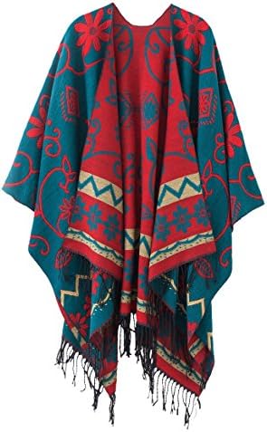 Fashionable Retro Style Vintage Pattern Tassel Poncho Shawl Cape, Series 1 Dark Green