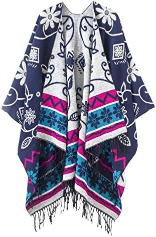 Fashionable Retro Style Vintage Pattern Tassel Poncho Shawl Cape, Series 1 Navy Blue