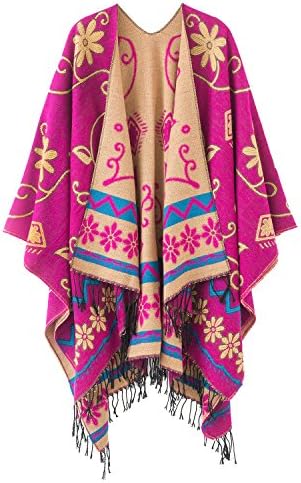 Fashionable Retro Style Vintage Pattern Tassel Poncho Shawl Cape, Series 1 Pink