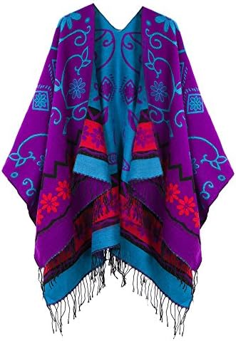 Fashionable Retro Style Vintage Pattern Tassel Poncho Shawl Cape, Series 1 Purple