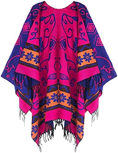 Fashionable Retro Style Vintage Pattern Tassel Poncho Shawl Cape, Series 1 Royal Blue