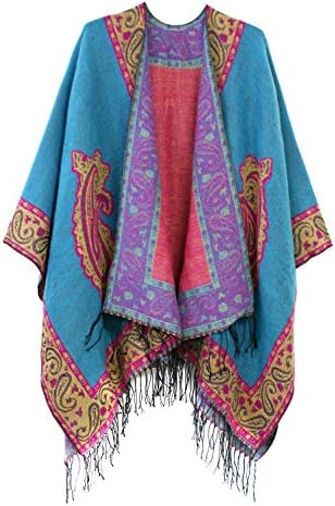 Fashionable Retro Style Vintage Pattern Tassel Poncho Shawl Cape, Series 2 Blue