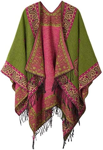 Fashionable Retro Style Vintage Pattern Tassel Poncho Shawl Cape, Series 2 Green