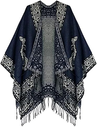 Fashionable Retro Style Vintage Pattern Tassel Poncho Shawl Cape, Series 2 Navy Blue
