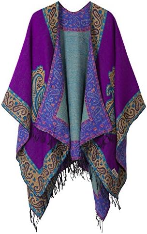 Fashionable Retro Style Vintage Pattern Tassel Poncho Shawl Cape, Series 2 Purple