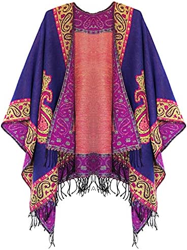 Fashionable Retro Style Vintage Pattern Tassel Poncho Shawl Cape, Series 2 Royal Blue
