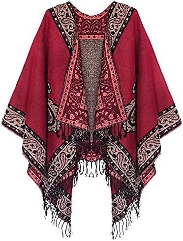 Fashionable Retro Style Vintage Pattern Tassel Poncho Shawl Cape, Series 2 Wine Red