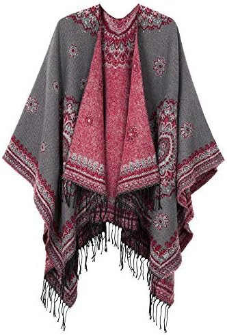 Fashionable Retro Style Vintage Pattern Tassel Poncho Shawl Cape, Series 3 Gray