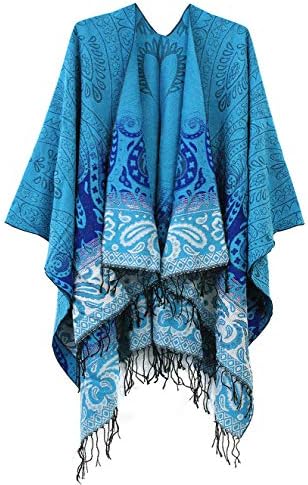 Fashionable Retro Style Vintage Pattern Tassel Poncho Shawl Cape, Series 4 Blue
