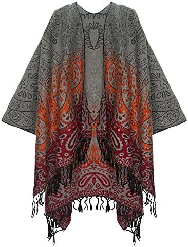 Fashionable Retro Style Vintage Pattern Tassel Poncho Shawl Cape, Series 4 Grey