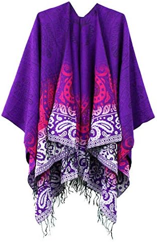 Fashionable Retro Style Vintage Pattern Tassel Poncho Shawl Cape, Series 4 Purple