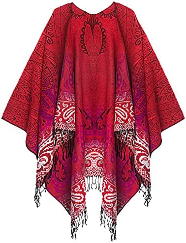 Fashionable Retro Style Vintage Pattern Tassel Poncho Shawl Cape, Series 4 Red