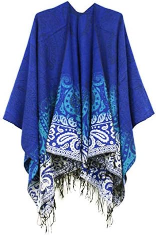 Fashionable Retro Style Vintage Pattern Tassel Poncho Shawl Cape, Series 4 Royal Blue