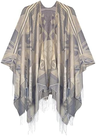 Fashionable Retro Style Vintage Pattern Tassel Poncho Shawl Cape, Series 5 Beige
