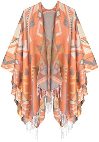 Fashionable Retro Style Vintage Pattern Tassel Poncho Shawl Cape, Series 5 Orange