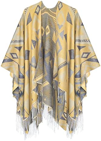 Fashionable Retro Style Vintage Pattern Tassel Poncho Shawl Cape, Series 5 Yellow