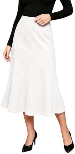 Faux Suede Elastic Waist Midi Long Skirt A Line Women Flowy Fall Winter Skirts, White