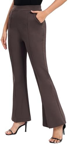 Flare Dress Pants with Pockets High Waist Slacks Pull On Work Casual Petite/Regular/Tall Pants, Brown
