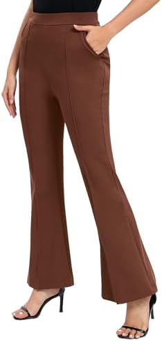 Flare Dress Pants with Pockets High Waist Slacks Pull On Work Casual Petite/Regular/Tall Pants, Coffee