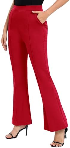 Flare Dress Pants with Pockets High Waist Slacks Pull On Work Casual Petite/Regular/Tall Pants, Red