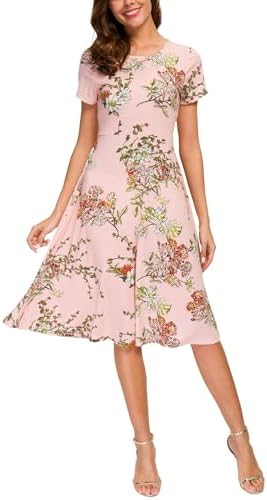 Floral Print Short Sleeve Flared Midi Dress, Pink