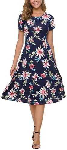 Floral Print Short Sleeve Flared Midi Dress, Print #11