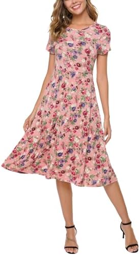 Floral Print Short Sleeve Flared Midi Dress, Print #12