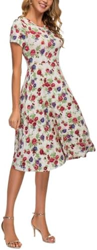 Floral Print Short Sleeve Flared Midi Dress, Print #7