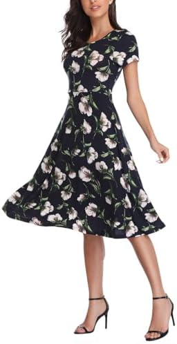 Floral Print Short Sleeve Flared Midi Dress, Print #8