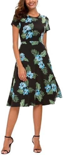 Floral Print Short Sleeve Flared Midi Dress