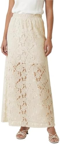 Flowy A-Line Maxi Skirt Elegant Elastic Waisted Lace Skirts for Summer Beach, Beige