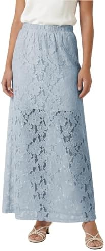 Flowy A-Line Maxi Skirt Elegant Elastic Waisted Lace Skirts for Summer Beach, Greyish Blue