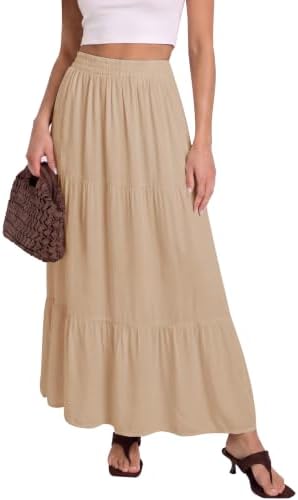 Flowy Maxi Skirt with Pockets Boho Tiered Elastic Waist, Beige