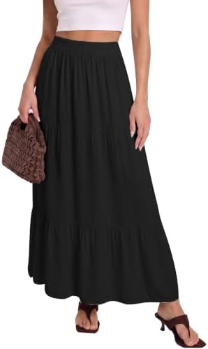 Flowy Maxi Skirt with Pockets Boho Tiered Elastic Waist, Black