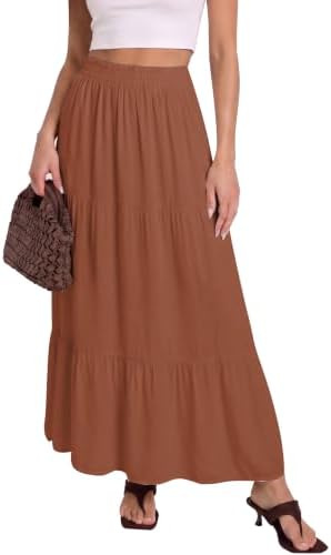 Flowy Maxi Skirt with Pockets Boho Tiered Elastic Waist, Coffee
