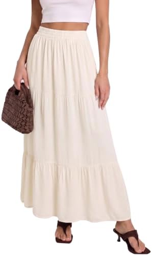 Flowy Maxi Skirt with Pockets Boho Tiered Elastic Waist, Cream