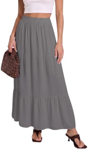 Flowy Maxi Skirt with Pockets Boho Tiered Elastic Waist