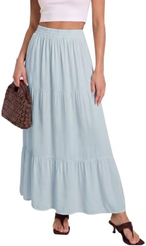 Flowy Maxi Skirt with Pockets Boho Tiered Elastic Waist, Light Blue