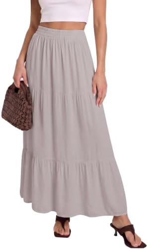 Flowy Maxi Skirt with Pockets Boho Tiered Elastic Waist, Light Gray