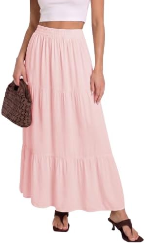 Flowy Maxi Skirt with Pockets Boho Tiered Elastic Waist, Light Pink